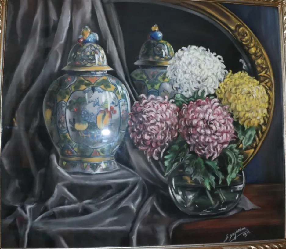 DUJARDIN Simone (20ème), "Nature morte aux Chrysanthèmes", Pastel, 74 x 85 cm